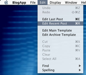 BlogApp edit menu options - small view